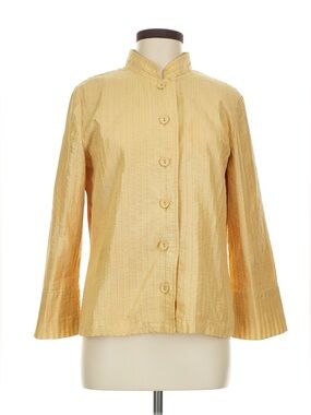 Chico's Metallic Gold Button-Front Mandarin Collar Shirt Size 1